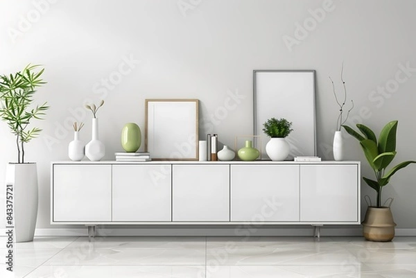 Fototapeta Minimalist white and grey living room with a modern sideboard cabinet, vases, and books on top of the cabinets