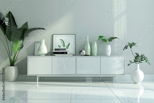Fototapeta Minimalist white and grey living room with a modern sideboard cabinet, vases, and books on top of the cabinets