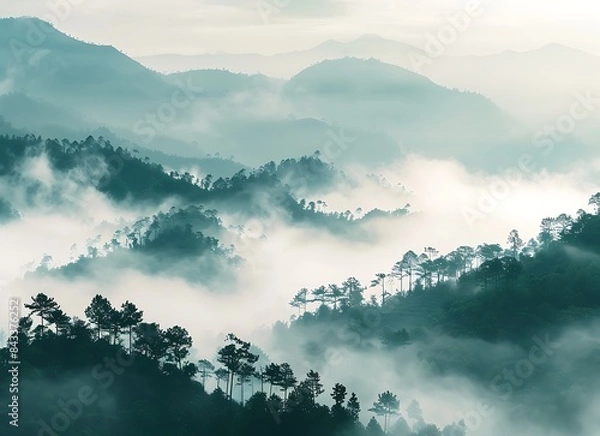 Fototapeta Mist in the morning at HKeys, Vietnam forest and mountain landscape