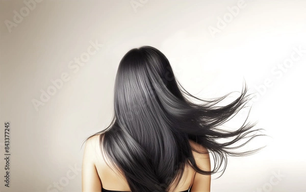 Fototapeta 美しい黒髪をなびかせるロングヘアの女性　光輝くイメージ画像