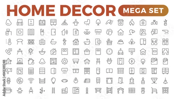 Fototapeta Set of furniture and home decor related icon set. home decor, decorations line icons. Contains such Icons as Children's Bed, Sofa, Hanger and more. Linear icon illustration collection.
