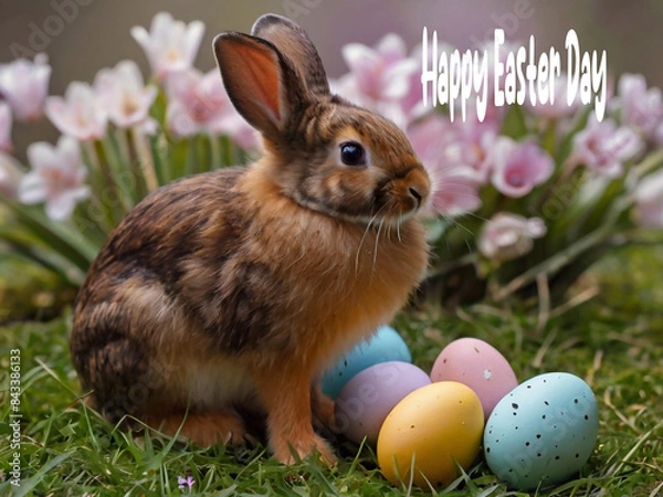 Obraz Happy Easter. Congratulatory Easter background. Easter eggs and flowers.
