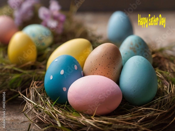 Fototapeta Happy Easter. Congratulatory Easter background. Easter eggs and flowers.