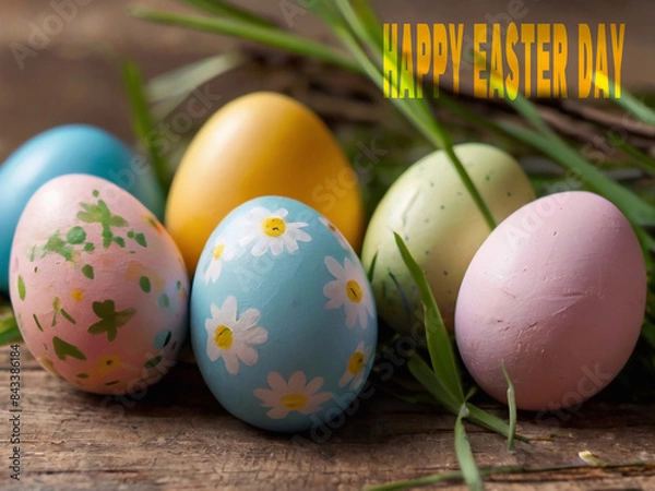 Obraz Happy Easter. Congratulatory Easter background. Easter eggs and flowers.