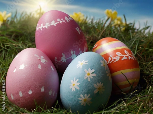 Obraz Happy Easter. Congratulatory Easter background. Easter eggs and flowers.