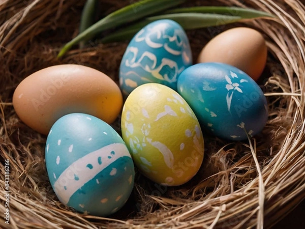 Obraz Happy Easter. Congratulatory Easter background. Easter eggs and flowers.