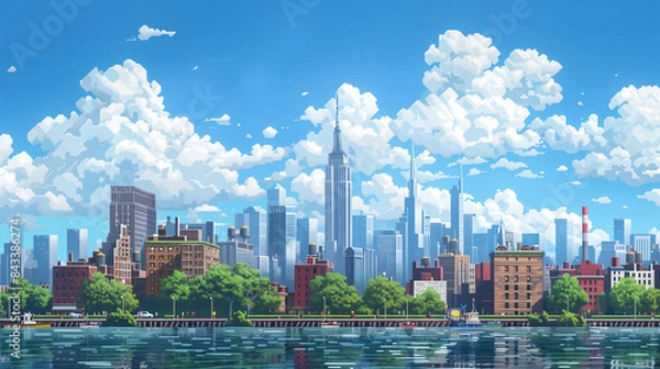 Obraz Landscape of metropolitan city pixel art illustration, Skyscraper in the city, city view pixel art 