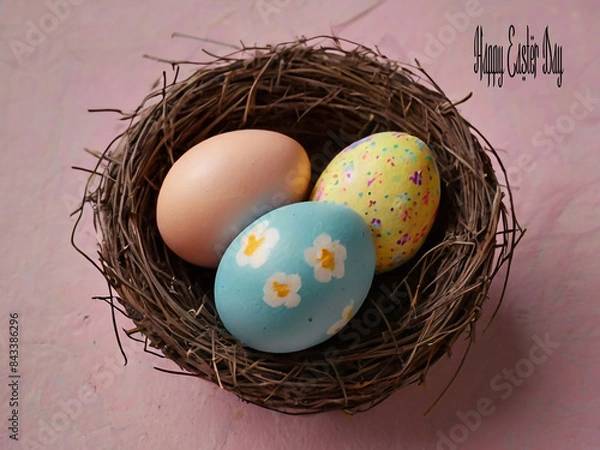 Obraz Happy Easter. Congratulatory Easter background. Easter eggs and flowers.