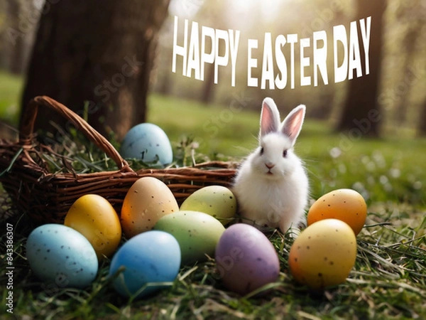 Obraz Happy Easter. Congratulatory Easter background. Easter eggs and flowers.