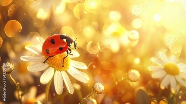 Fototapeta Beautiful natural background of golden color with chamomile and ladybug macro. Colorful elegant gentle tender artistic image of a hot sunny summer outdoors nature.