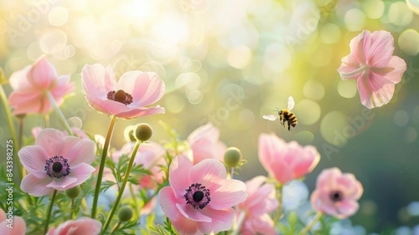 Fototapeta Beautiful pink flowers anemones on meadow and flying bumblebee macro on soft blurry light green background in warm summer in sunshine in nature, bright soulful artistic image, copy space.