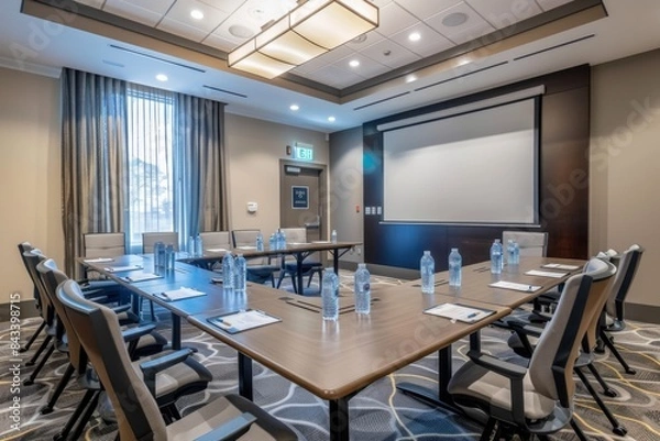 Obraz A corporate meeting room with a long table, chairs, and a large screen for presentations
