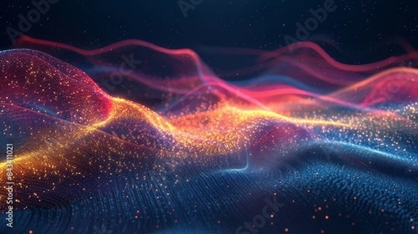 Fototapeta Abstract glowing wave, grainy gradient background, smooth blue, red, yellow transition, black backdrop, noise texture