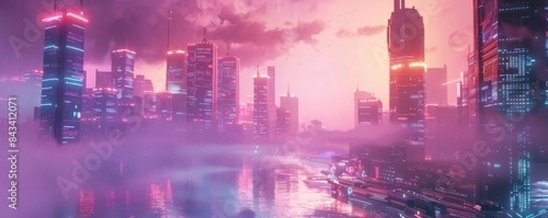 Fototapeta Futuristic cityscape at dusk with neon lights reflecting on water, enveloped in dense fog, under a vibrant, colorful sky.