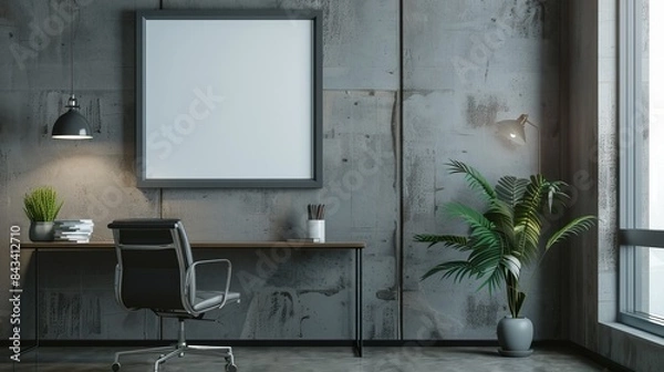 Fototapeta A modern office space with a minimalist frame with copy space on a concrete wall, beside a sleek desk and industrial chair.