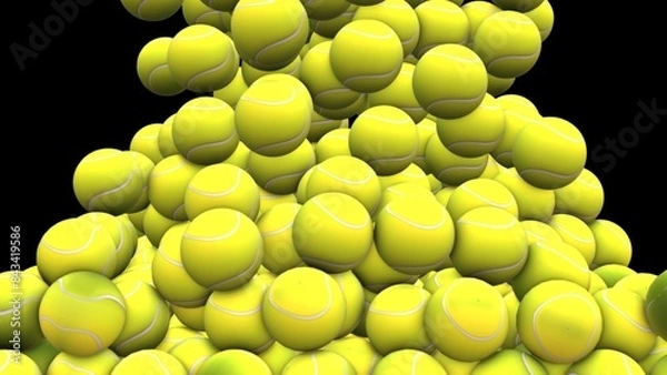 Obraz A Cascade of Yellow: A Pile of Tennis Balls in Flight.
A digital image showcasing a pile of tennis balls appearing as though they are falling and cascading on a black background. 