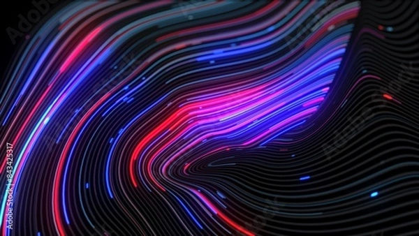 Fototapeta The Fiber Optics Digital Data Flow.
An abstract digital art piece depicting fiber optic data flow. Vibrant red and blue streaks of light move across a dark, wavy background.