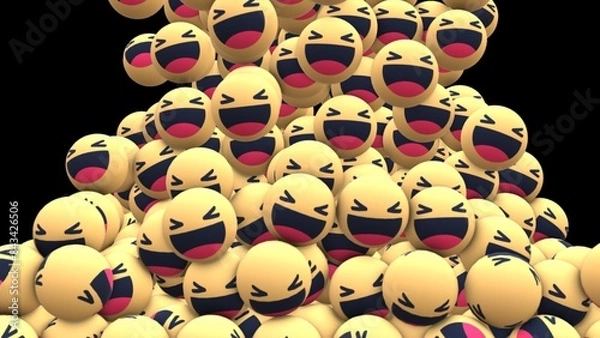 Fototapeta A Cascade of Laughter.
A digital illustration of numerous yellow laughing emoticons tumbling down against a black background. Displaying a wide open mouth, closed eyes, and a mischievous grin.