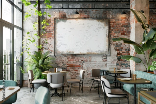 Fototapeta In a chic, modern cafe, a blank poster graces the wall, adding to the streamlined aesthetic and offering a canvas for creativity amidst the trendy, urban setting, mockup