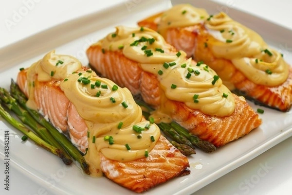Fototapeta Delicious Baked Salmon with Honey Mustard and Chives