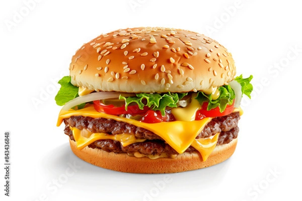 Fototapeta Double cheeseburger with lettuce, tomato, and onion on a sesame seed bun
