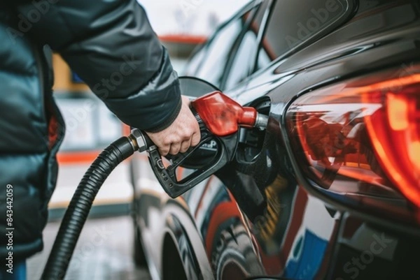Fototapeta Man refuels car with various parts at gas station