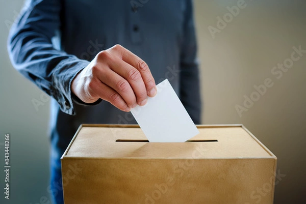 Obraz Man's hand placing voting slip into a ballot box. Close up on hand. Person voting during an election or referendum concept.