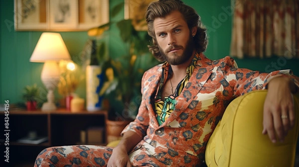 Fototapeta A 1970s male model in flared pants and a colorful patterned shirt, posing in a retro living room