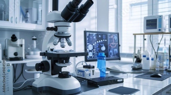 Fototapeta Fertility clinic lab equipment theme side view showing medical precision technology tone complementary color scheme
