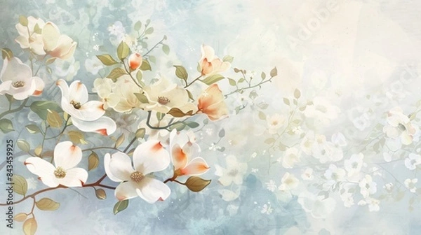 Fototapeta Tranquil Watercolor Painting of Blooming Dogwood Tree in Spring with Soft Faded Background for Design Overlay