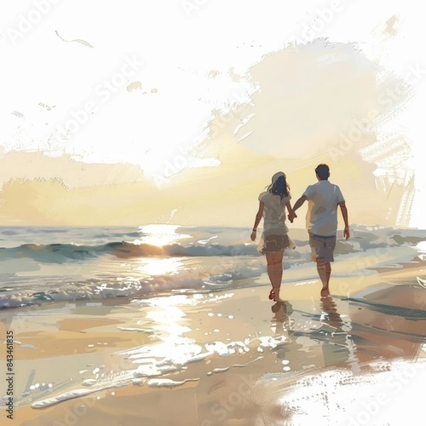 Obraz Romantic couple holding hands and walking on a beautiful beach at sunset, illustrative watercolor painting capturing serene and tranquil moments.