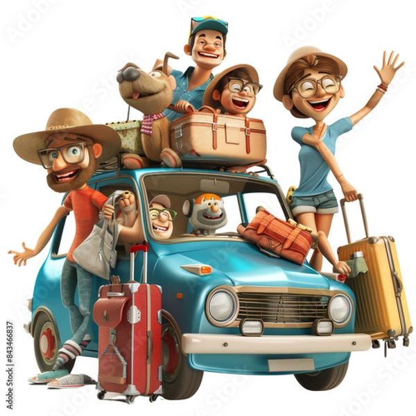 Obraz Cheerful cartoon family with luggage and dog, ready for a fun road trip adventure in a vintage car.