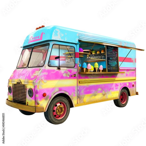 Obraz Colorful vintage ice cream truck with a vibrant paint job, serving a variety of ice creams through its open window.