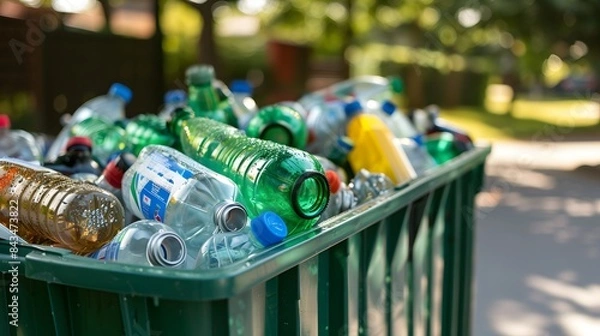 Obraz Close-up of a green recycle bin filled with sorted recyclable materials, showcasing responsible waste management