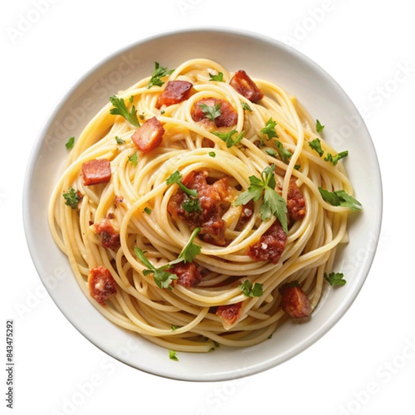Obraz Plate of spaghetti carbonara garnished with parsley. isolated on Transparent background.