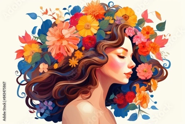 Fototapeta Beautiful girl with flowers in her hair, fashionable illustration, isolated background, watercolor painting. 
