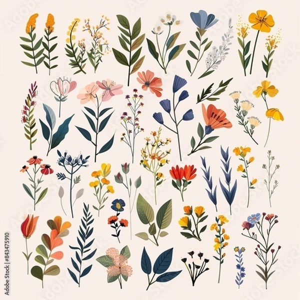 Obraz Collection meadow wildflowers and garden flowers and herbs grass, beige background