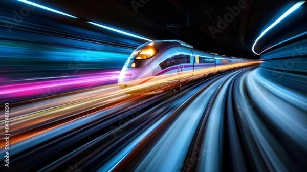 Fototapeta A high-speed subway train in motion, blurring past with vibrant light trails in an underground tunnel.