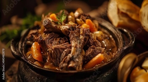 Fototapeta Beef Bourguignon served in a cast iron pot, garnished with carrots and parsley, with bread on the side.