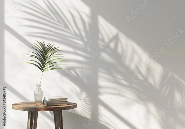 Obraz A minimalist interior features a wooden table with a vase holding a single palm leaf and a stack of books. Shadows cast on the white wall add depth and tranquility to the scene