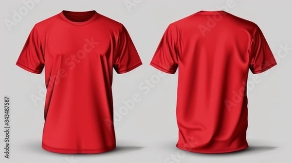Fototapeta A photo-realistic image of male red t-shirts on a white background, front and back view with copy space.