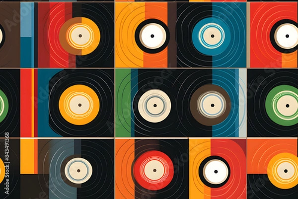 Fototapeta Retro geometric pattern with music vinyl records and colorful squares