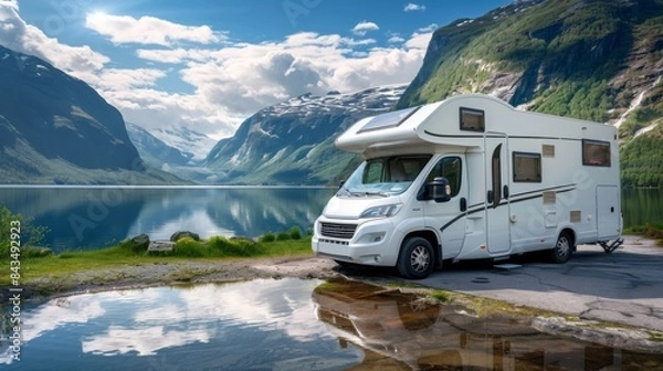 Obraz A camper van parked by a tranquil lake with mountains in the background and reflection in the water.