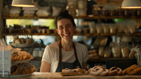Fototapeta A cheerful barista stands behind the counter of a cozy bakery, surrounded by delicious pastries and a warm, inviting atmosphere.