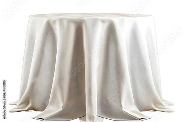 Fototapeta Round Table with white tablecloth isolated on white background