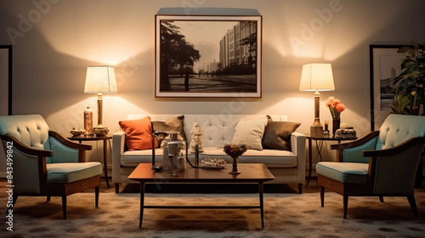 Fototapeta a well lit classic living room with two blank picture frames on the back wall