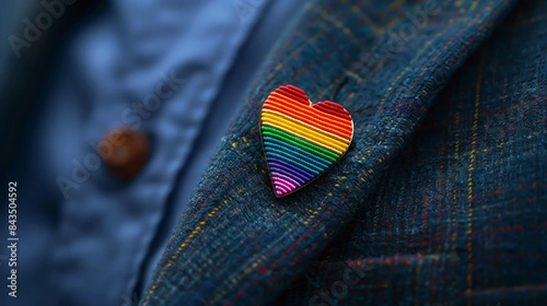 Fototapeta Rainbow Stripe Heart Pin Badge, Smart Casual Jacket, Close Up, Minimal. LGBTQ+ Pride Month at Work. Equality, Diversity, Human Rights. Awareness, Social Responsibility, Entrepreneur, Manager, Employee