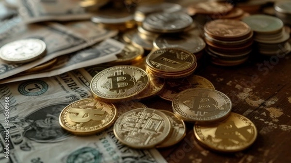 Fototapeta An image of an assortment of physical cryptocurrency coins and paper money, comparing traditional and digital currencies. --ar 16:9 --quality 0.5 Job ID: 4e2c8085-c9c9-4c2c-ac27-b1225c72eadf