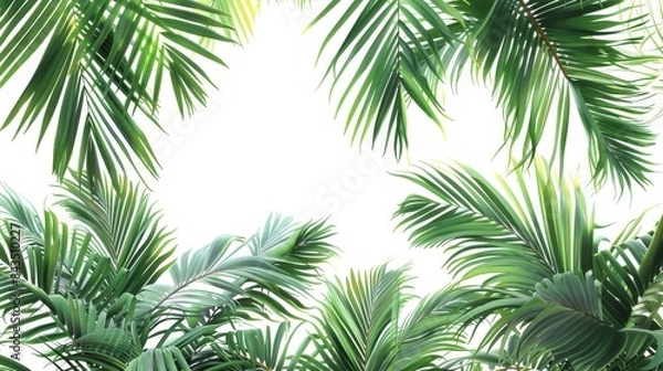 Obraz Bright tropical palm leaves frame - A vibrant frame of palm leaves with a white central space, perfect for compositions or as a backdrop