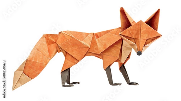 Fototapeta A stylized origami fox with a vibrant orange and brown color scheme. The fox stands in a neutral pose with a bushy tail.